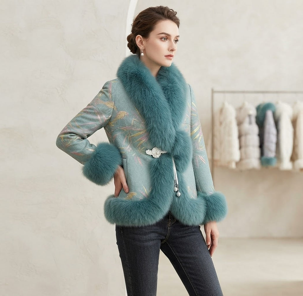 Luxury Faux Fur Trim Jacquard Jacket – Elegant Brocade Winter Coat