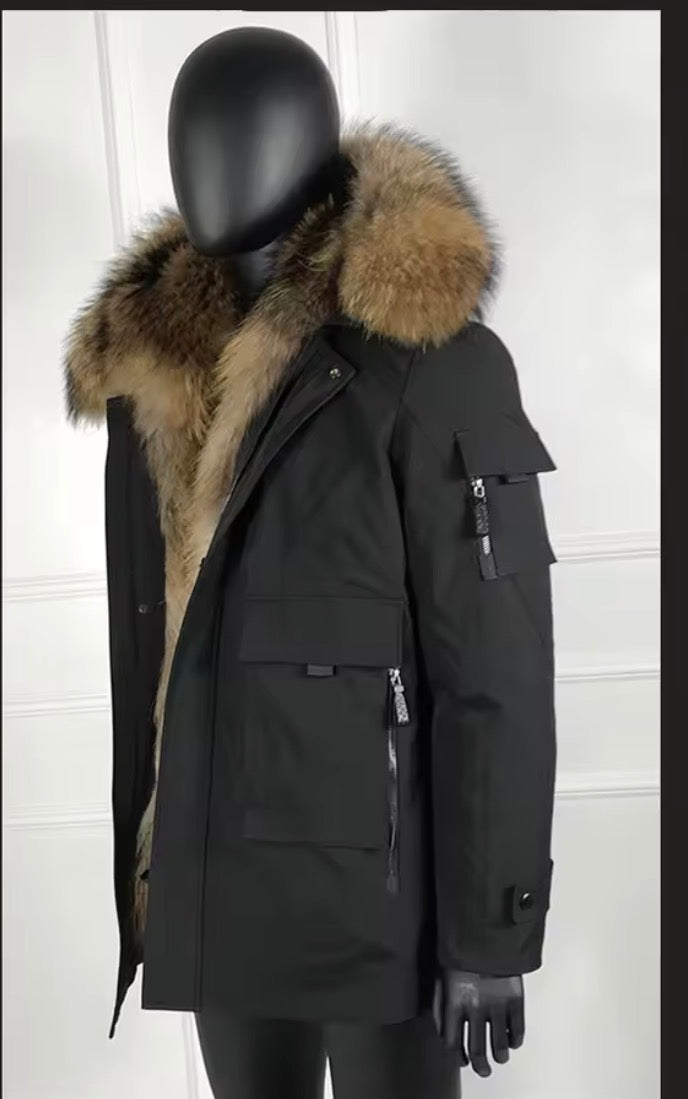Men's Luxury Real Raccoon Fur Hooded Parka Jacket