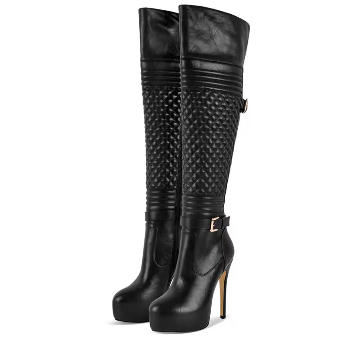 Black Boot and Bag Set | Croc Embossed Ankle Booties or Quilted Over The Knee Boots with Matching Shoulder Bag Set