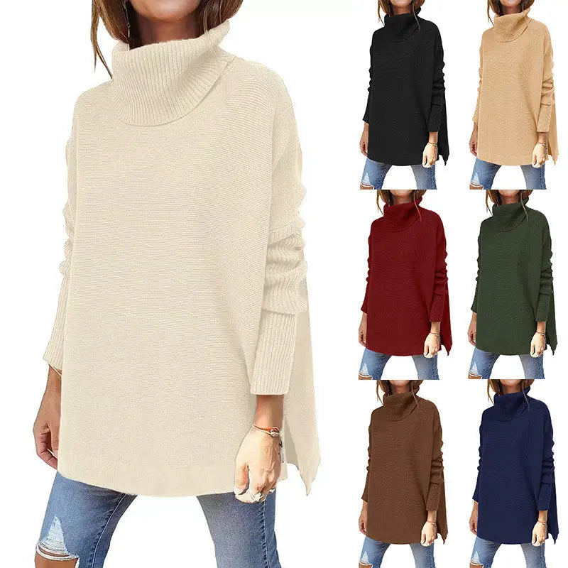 Turtleneck Sweater Mid Length Batwing Sleeve Slit Hem Tunic Pullover Sweaters Winter Tops Women Clothing JNi3 shop