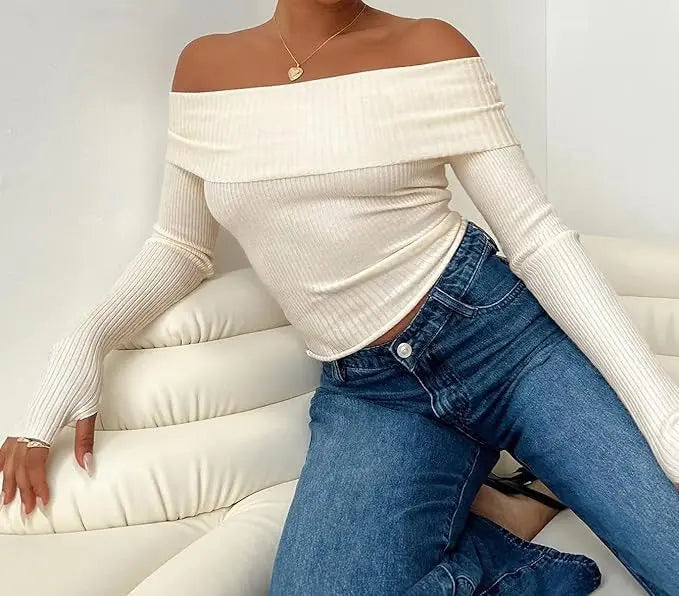 Women's Off-shoulder Solid Color Slim Fit Top JNi3 shop