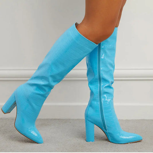 Fashion Boots Winter Pointed Toe High Square Heel Shoes With Side Zipper Mid-calf Boots Women Dropshipman