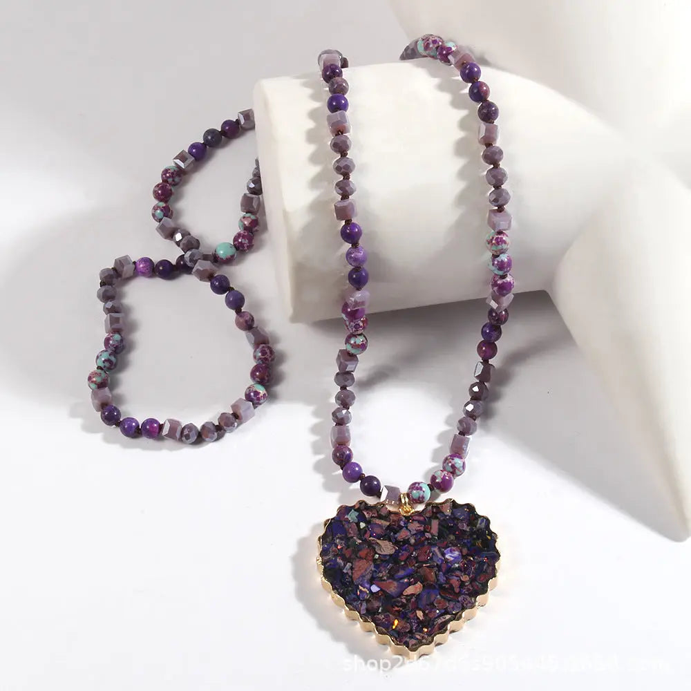 Glass Necklace Gravel Heart Pendant Sweater Chain JNi3 shop