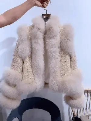 Winter New Fox Fur Tweed Woollen Stitching Top Short Women's Coat Cjdropshipping