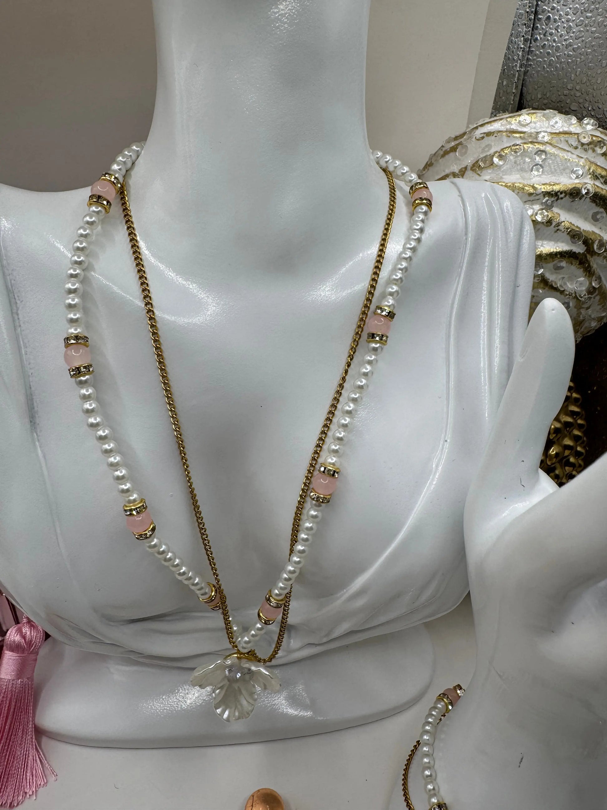 18k gold PVD Artificial pearl and glass beads Necklace with 3D Flower pendant and Bracelet set - JNi3 shop
