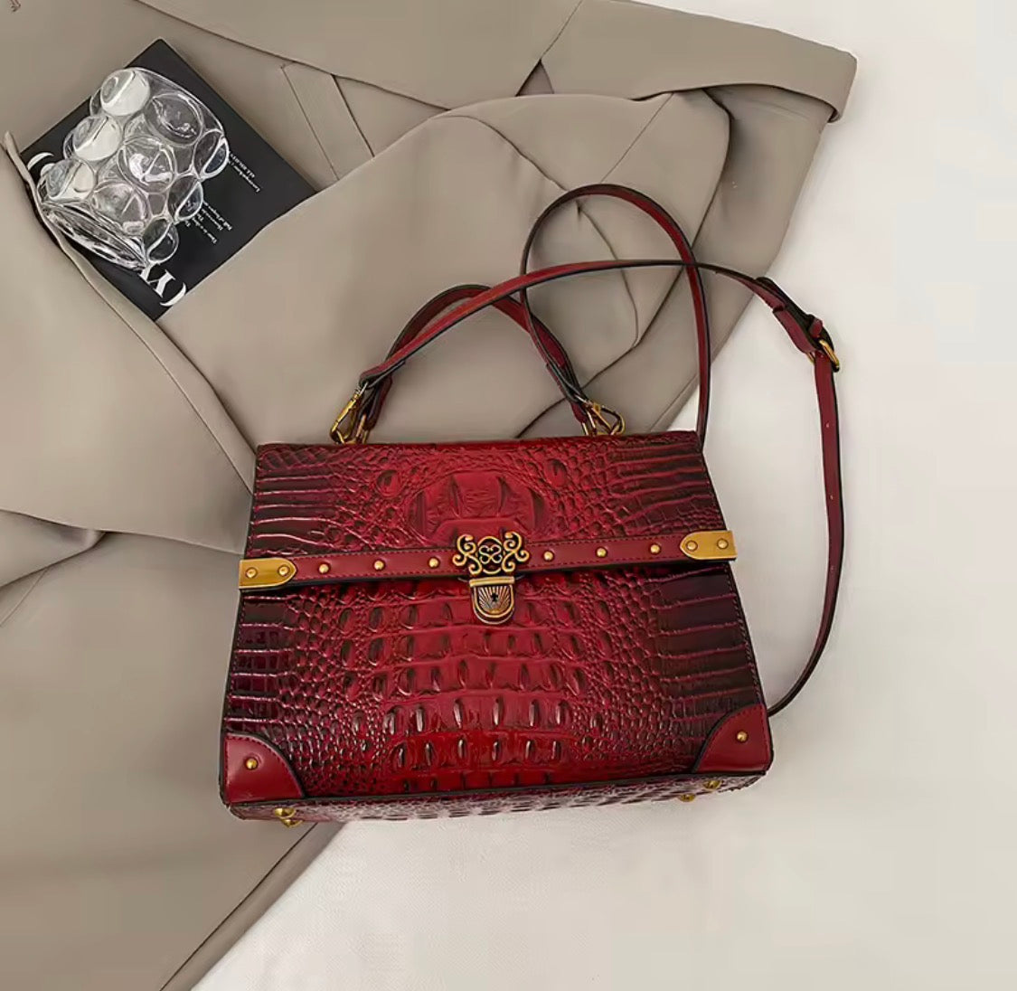 Vintage Crocodile Pattern Satchel Handbag