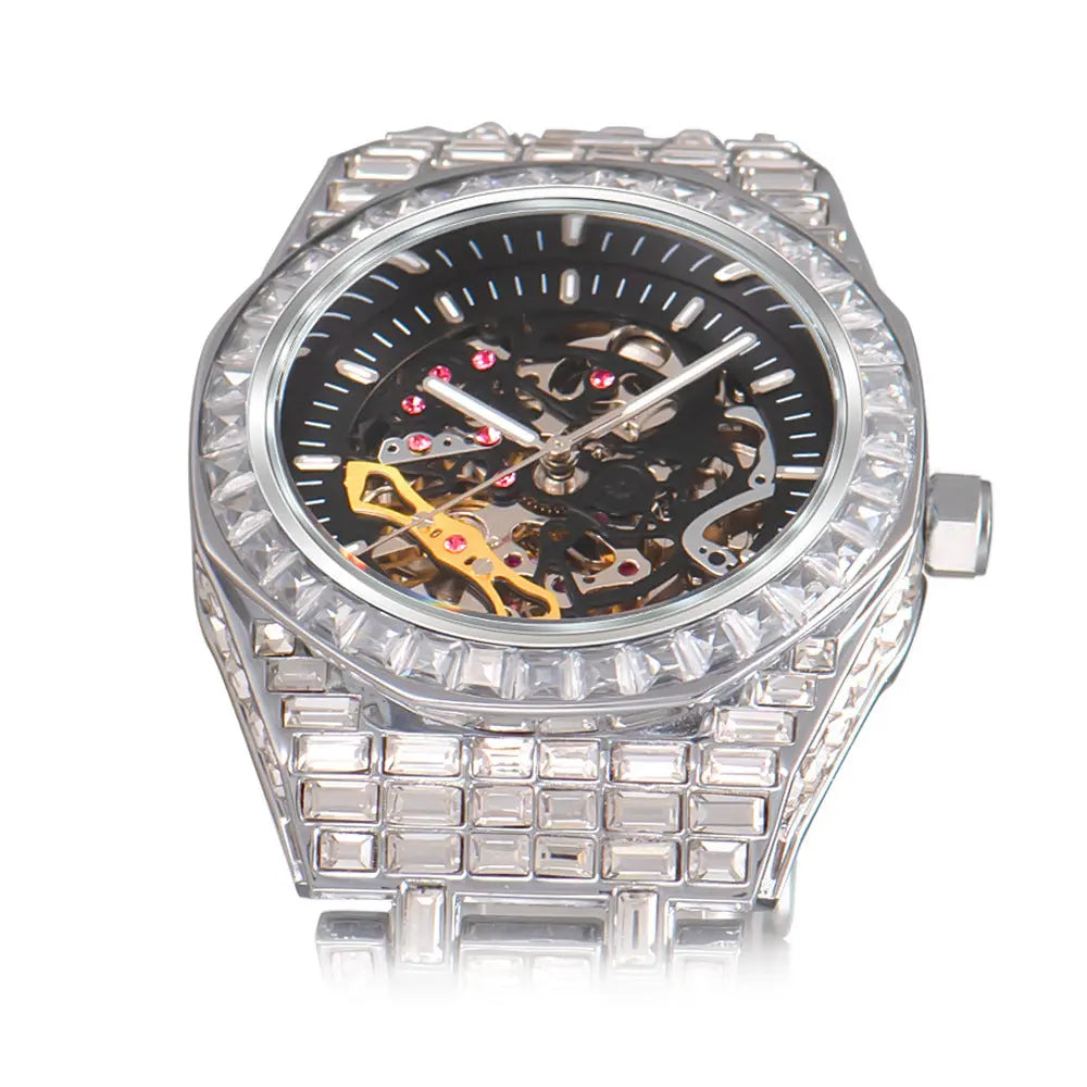 Hip Hop Full Square Diamond Luminous Hollow Mechanical Watch - JNi3 shop