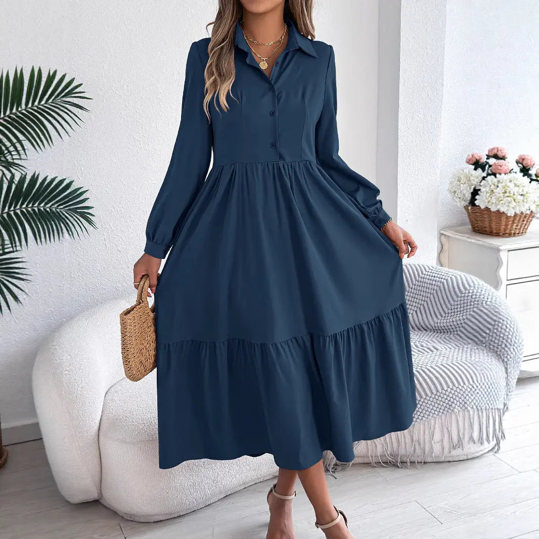 Women's Lapel Casual Loose Long Sleeve Ruffled Shirt Dresses JNi3 shop