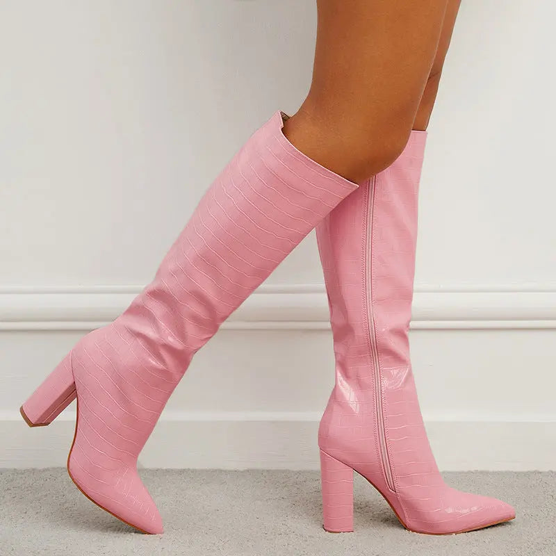 Fashion Boots Winter Pointed Toe High Square Heel Shoes With Side Zipper Mid-calf Boots Women Dropshipman