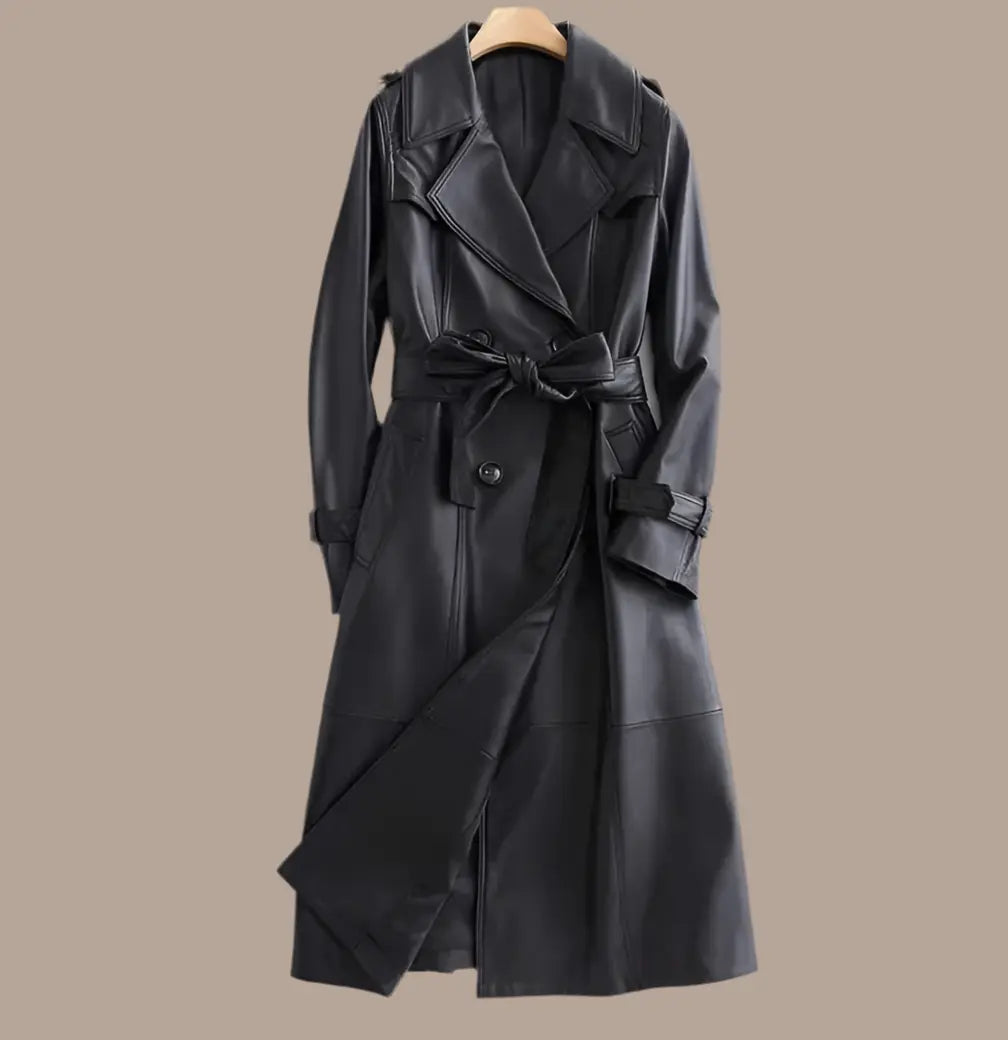Black Long Tie Double Breasted Leather Wind Coat Dropshipman