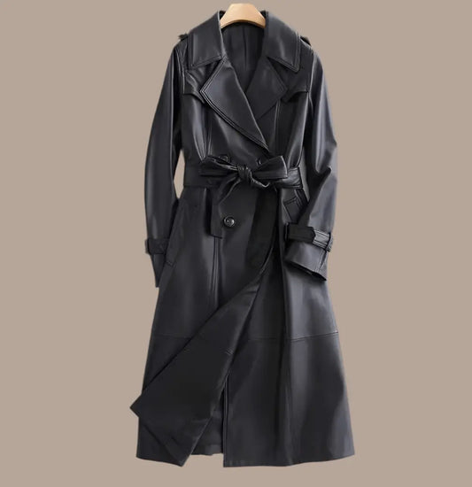 Black Long Tie Double Breasted Leather Wind Coat Dropshipman
