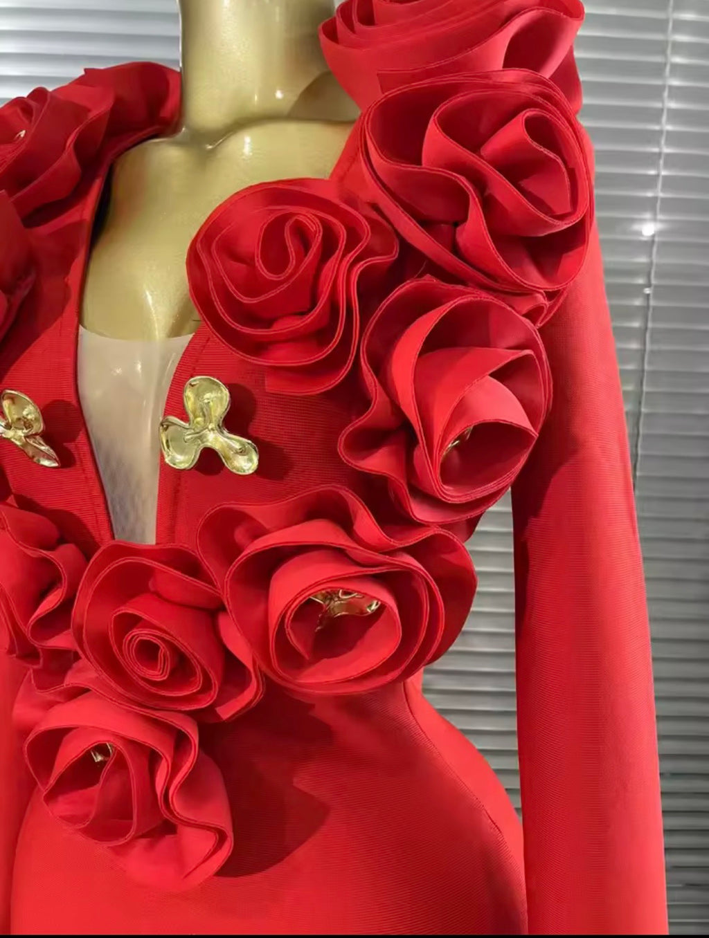 Luxury 3D Rose Floral Accent Long Sleeve Maxi Bandage Dress – Elegant Evening Gown