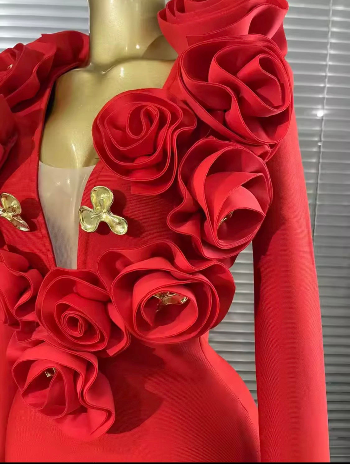 Luxury 3D Rose Floral Accent Long Sleeve Maxi Bandage Dress – Elegant Evening Gown