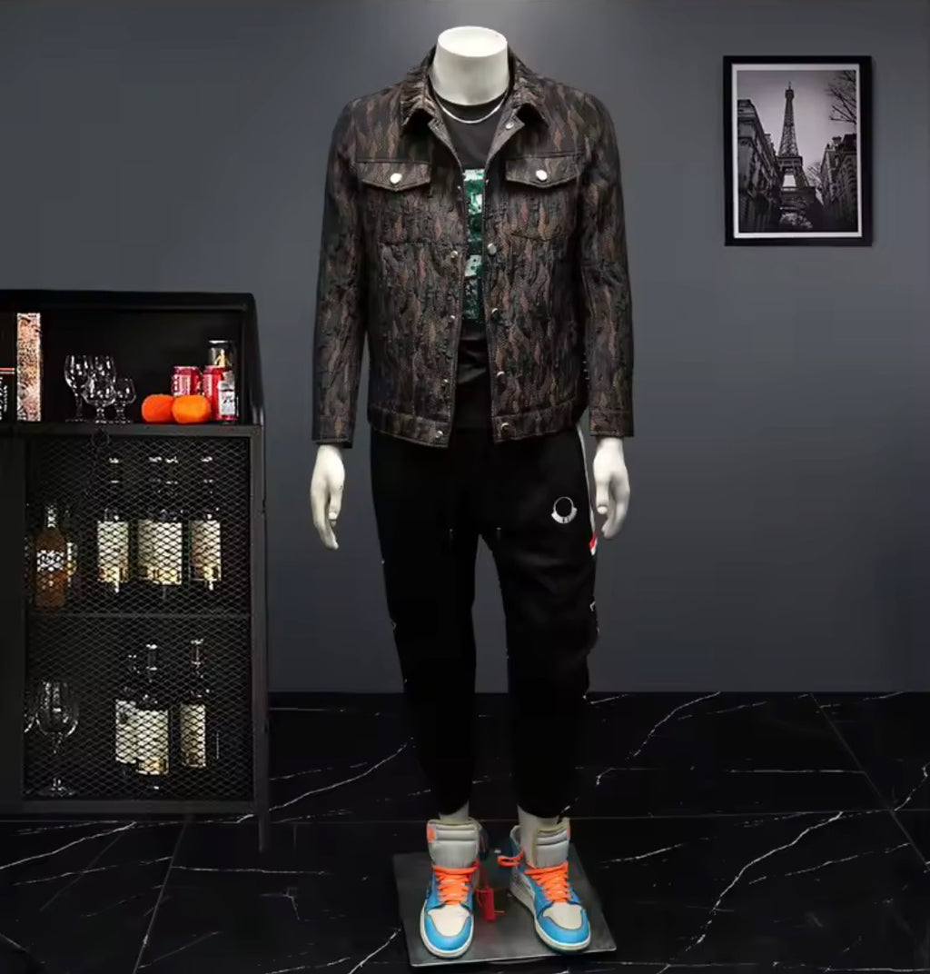 Men's Floral Jacquard Button-Up Casual Jacket with Pocket Details | Stylish Modern Statement Outerwear