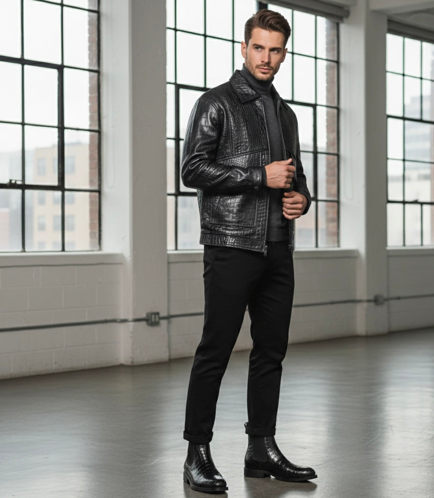 Luxury Men's Cow Leather Jacket & Genuine Crocodile Leather Chelsea Boots Set | Handcrafted Exotic Leather Outfit