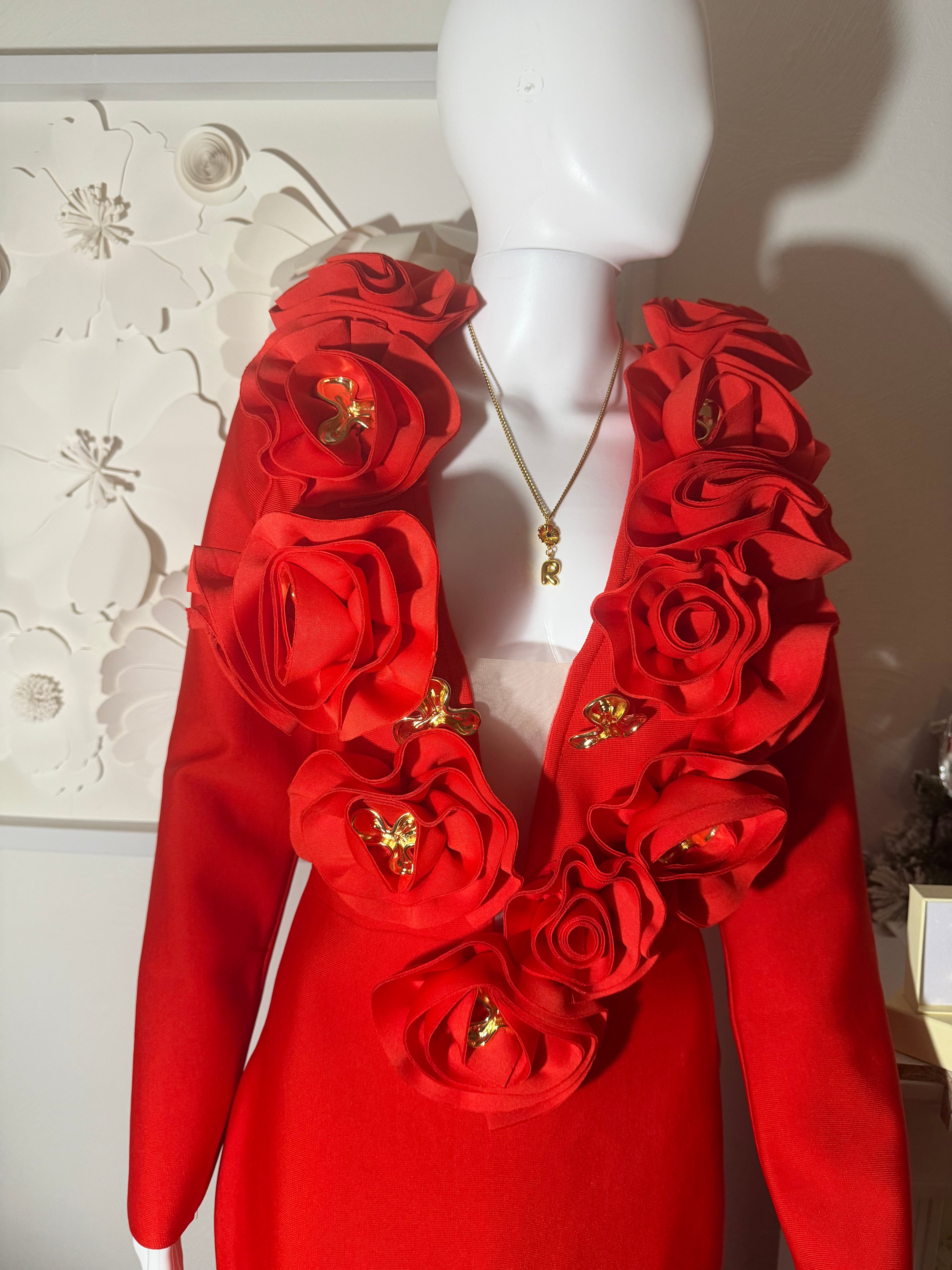 3D Rose V-Neck Bandage Dress & Earrings | Gala Outfit