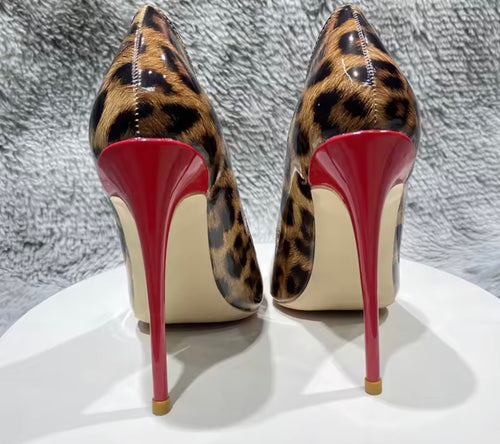 Leopard Print Stiletto Pumps – Red Pointed Toe, Gold Hardware Heels