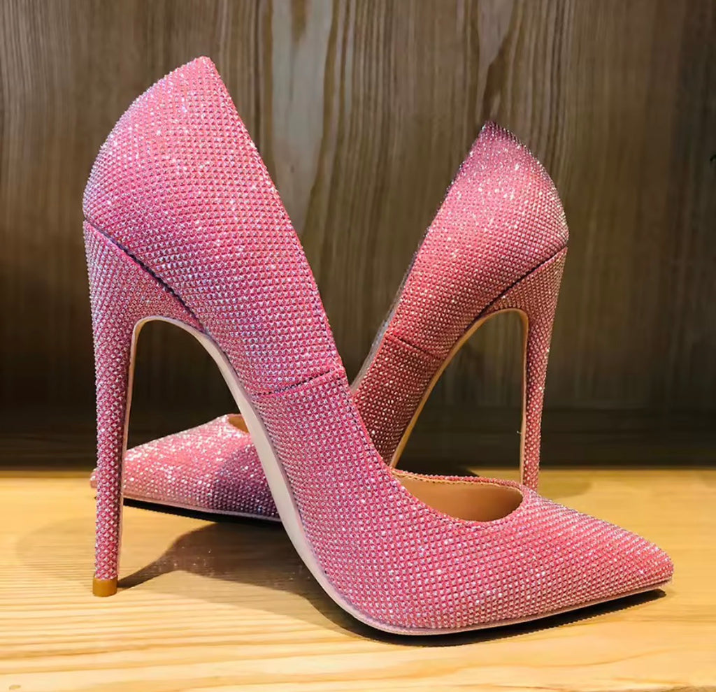 Pink Rhinestone Heels, Sparkly Crystal Stiletto Pumps, Pointed Toe Bling High Heels, Glam Wedding Shoes, Prom & Evening Shoes, Statement Heels