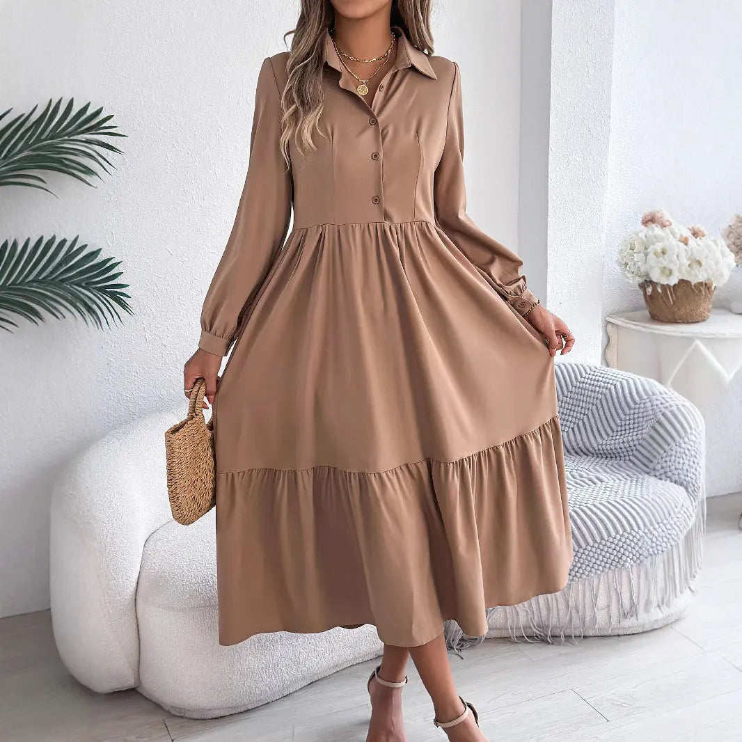 Women's Lapel Casual Loose Long Sleeve Ruffled Shirt Dresses JNi3 shop