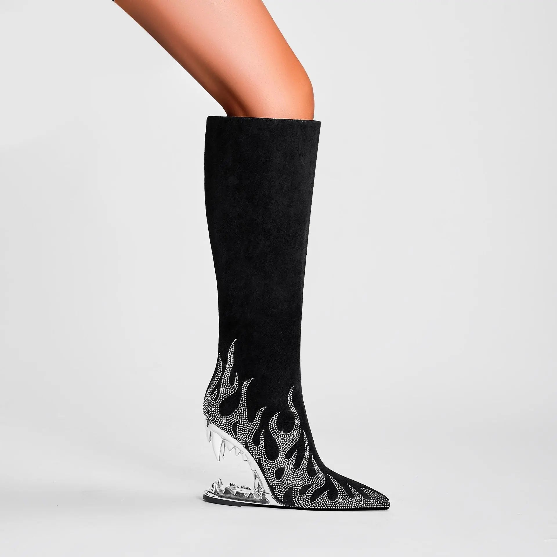 European And American Style Tiger Tooth Profiled Heel Skinny Stretch Boots Rhinestone Flame Dropshipman