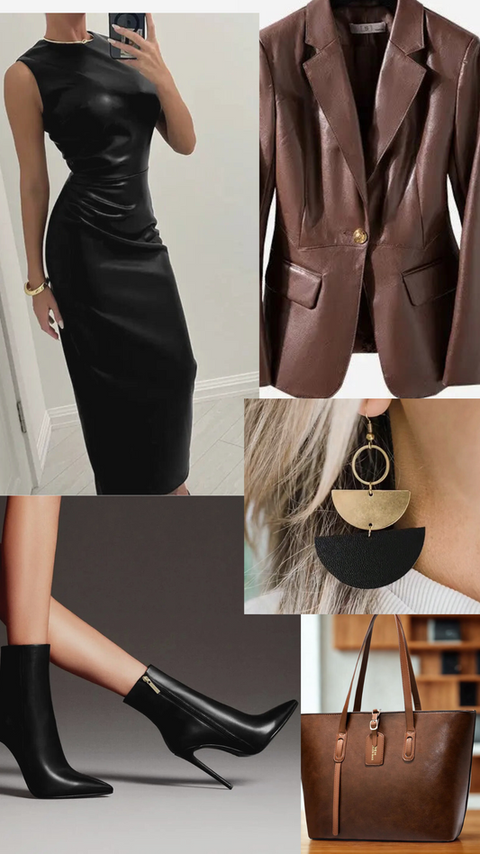 black leather dress and brown coat outfit