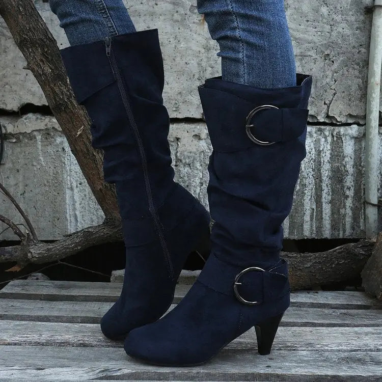 High Tube Below The Knee Round Head Buckle Women Boots JNi3 shop