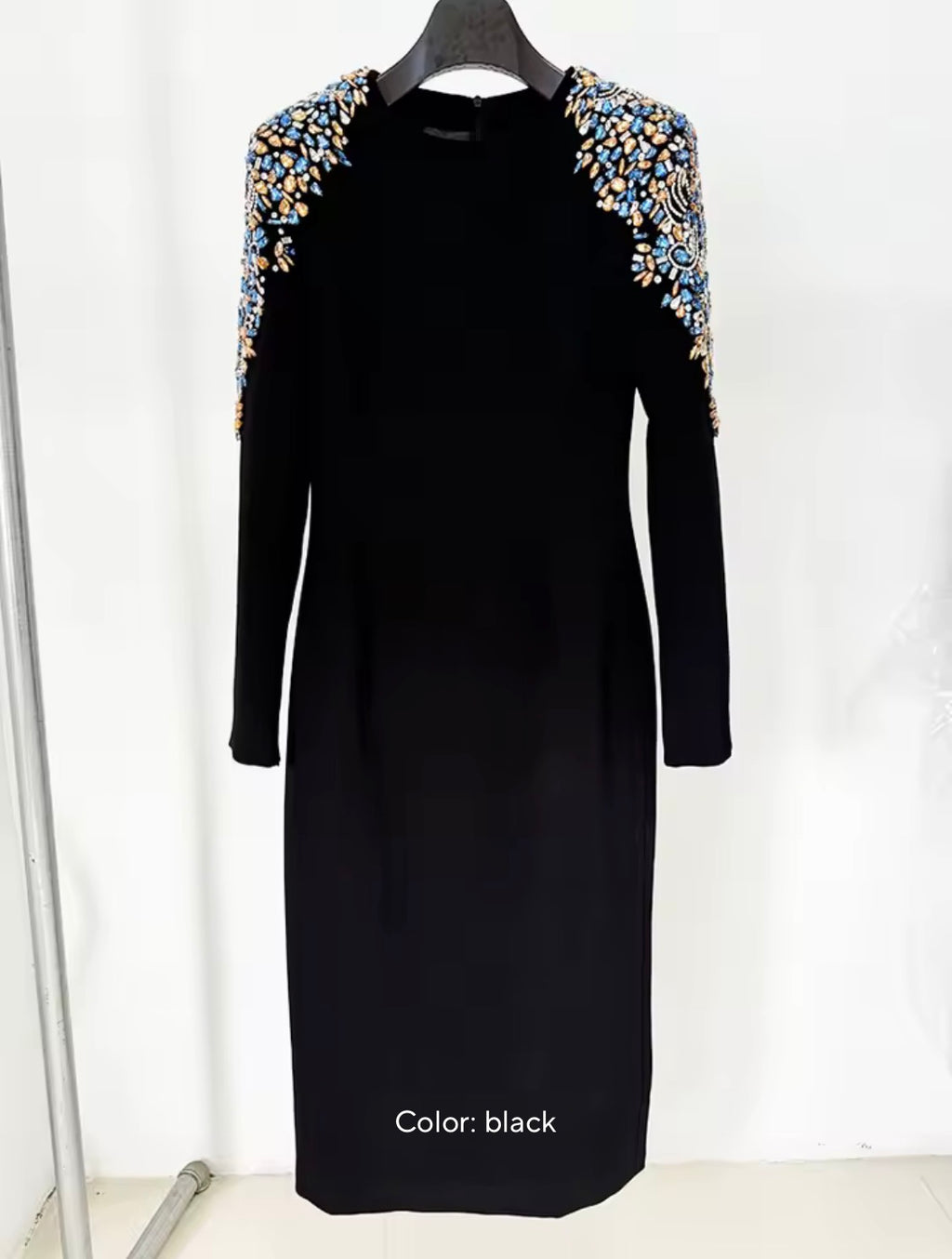 Elegance Crystal Beaded Shoulder Midi Dress, Long Sleeve Cocktail Party Dress, Luxury Formal Evening Gown