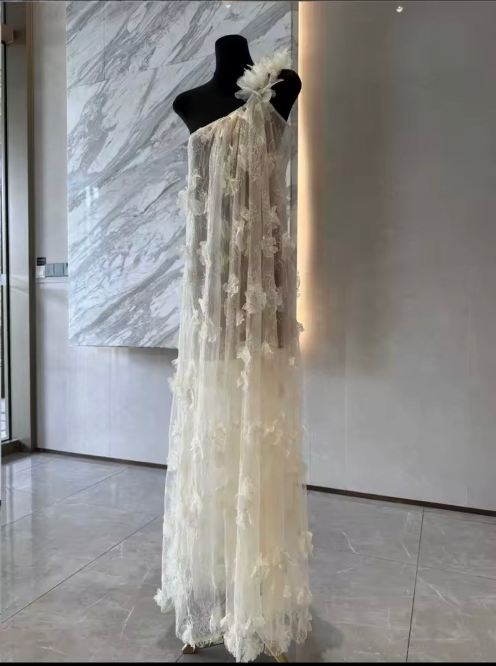White 3D Floral One-Shoulder Maxi Dress | Ethereal floral Appliqué Summer Gown