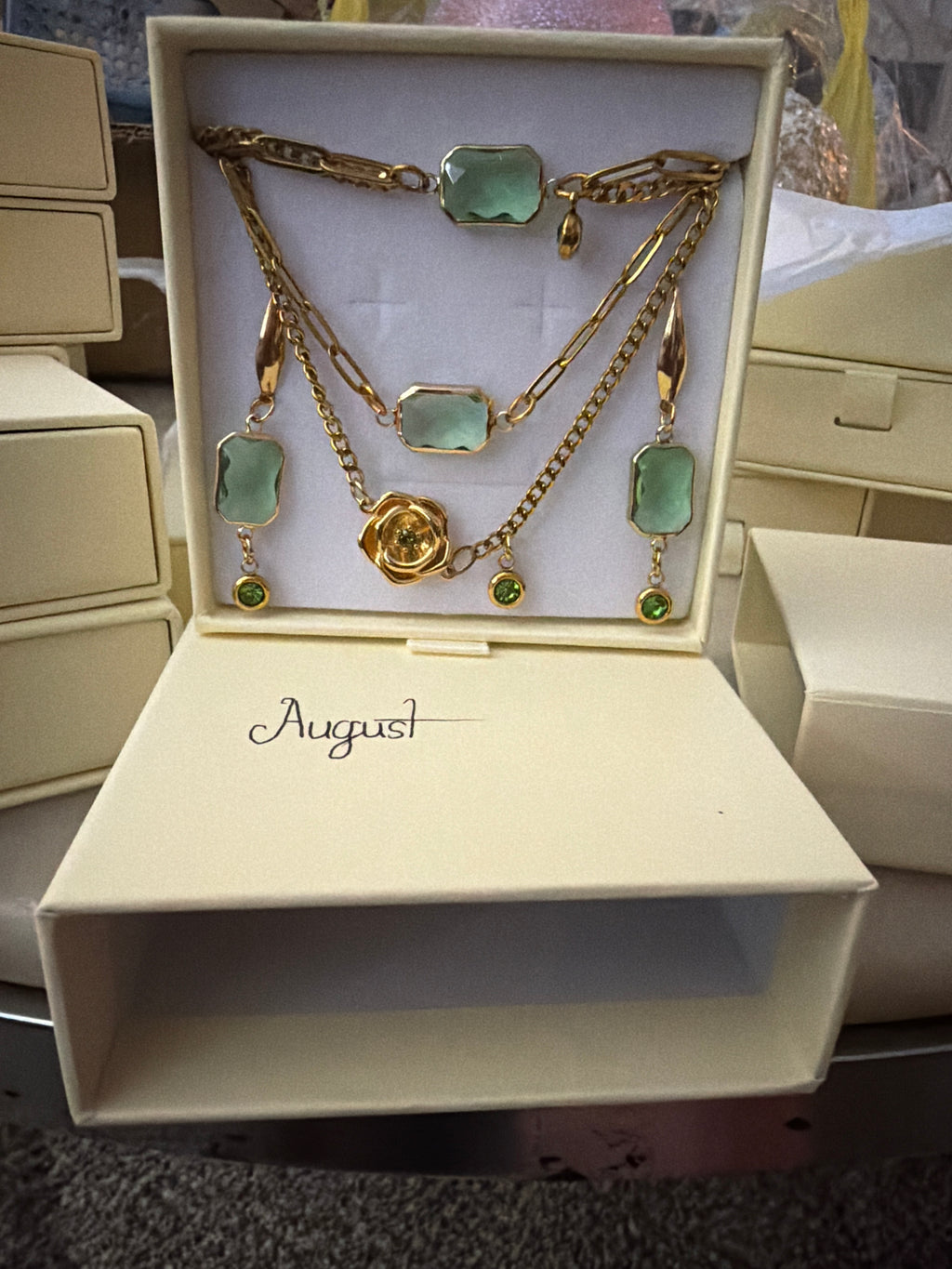 18k Gold PVD Birth Month double layered pendant Necklace, Bracelet and Earrings 3 pce set.