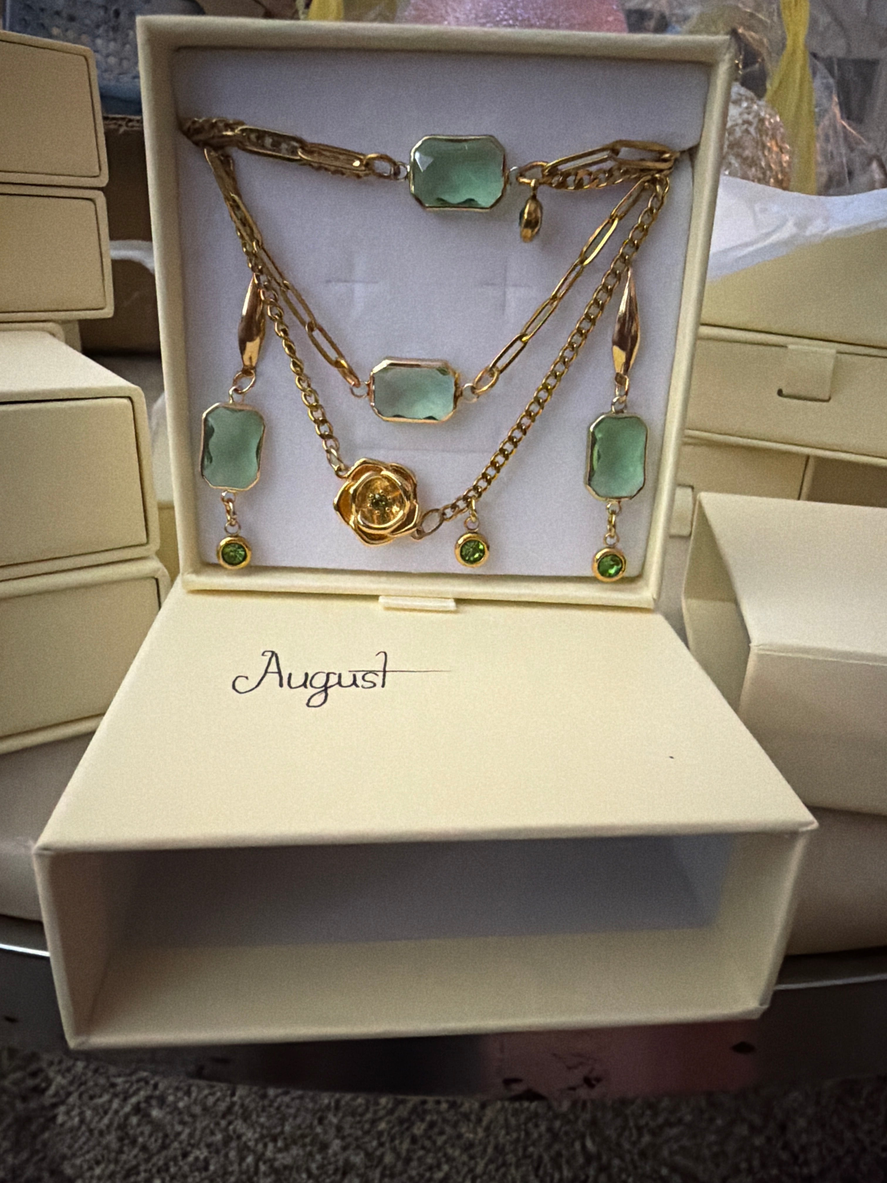 18k Gold PVD Birth Month double layered pendant Necklace, Bracelet and Earrings 3 pce set.