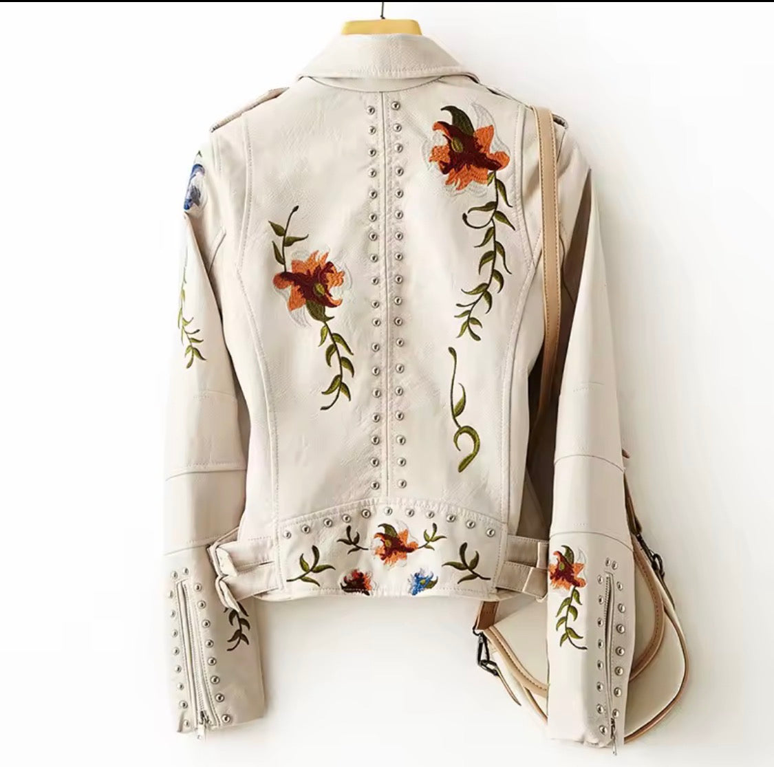 Women's Vintage Floral Embroidered Faux Leather Moto Jacket – Studded Asymmetric Biker Coat
