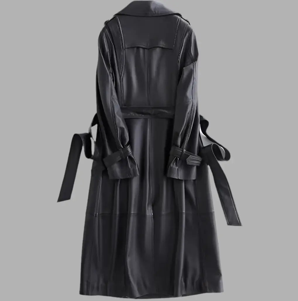 Black Long Tie Double Breasted Leather Wind Coat Dropshipman