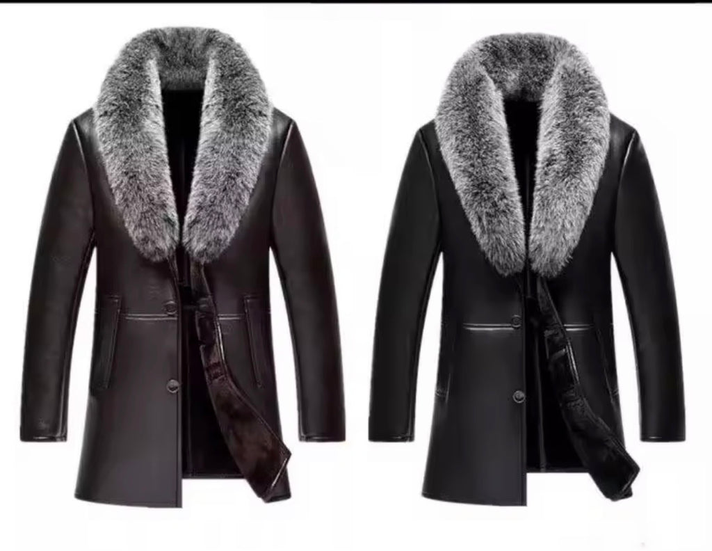 Men’s Real Sheepskin Leather Coat Mid-Length Winter Jacket with Fox Fur Collar and Plush Fur Lining