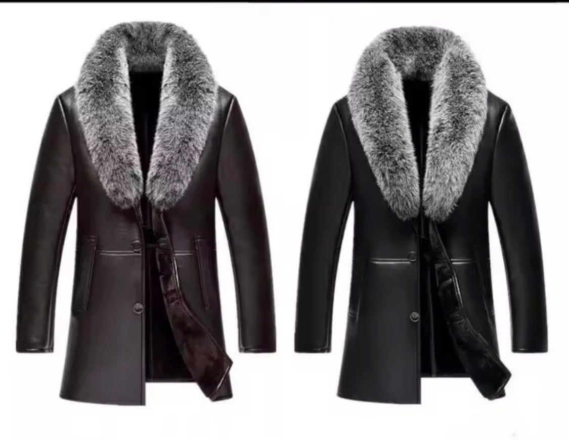 Men’s Real Sheepskin Leather Coat Mid-Length Winter Jacket with Fox Fur Collar and Plush Fur Lining