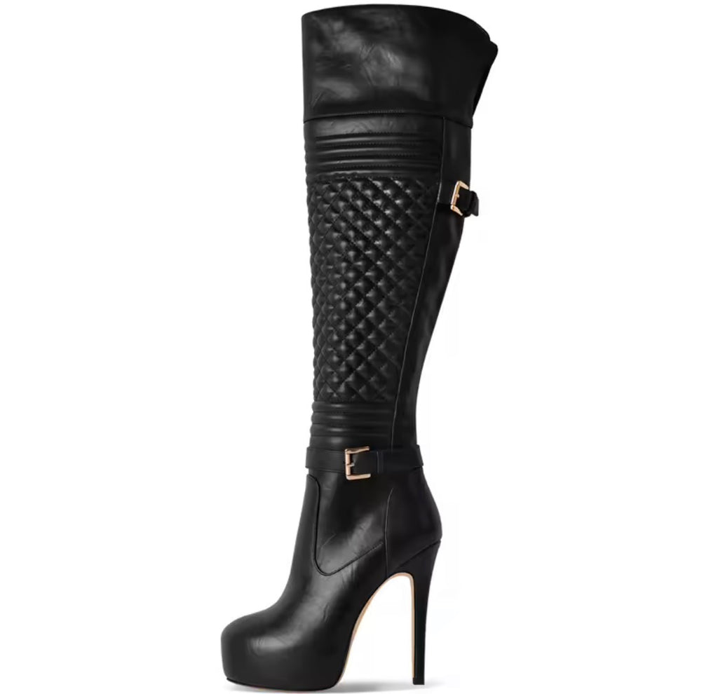 Black Boot and Bag Set | Croc Embossed Ankle Booties or Quilted Over The Knee Boots with Matching Shoulder Bag Set