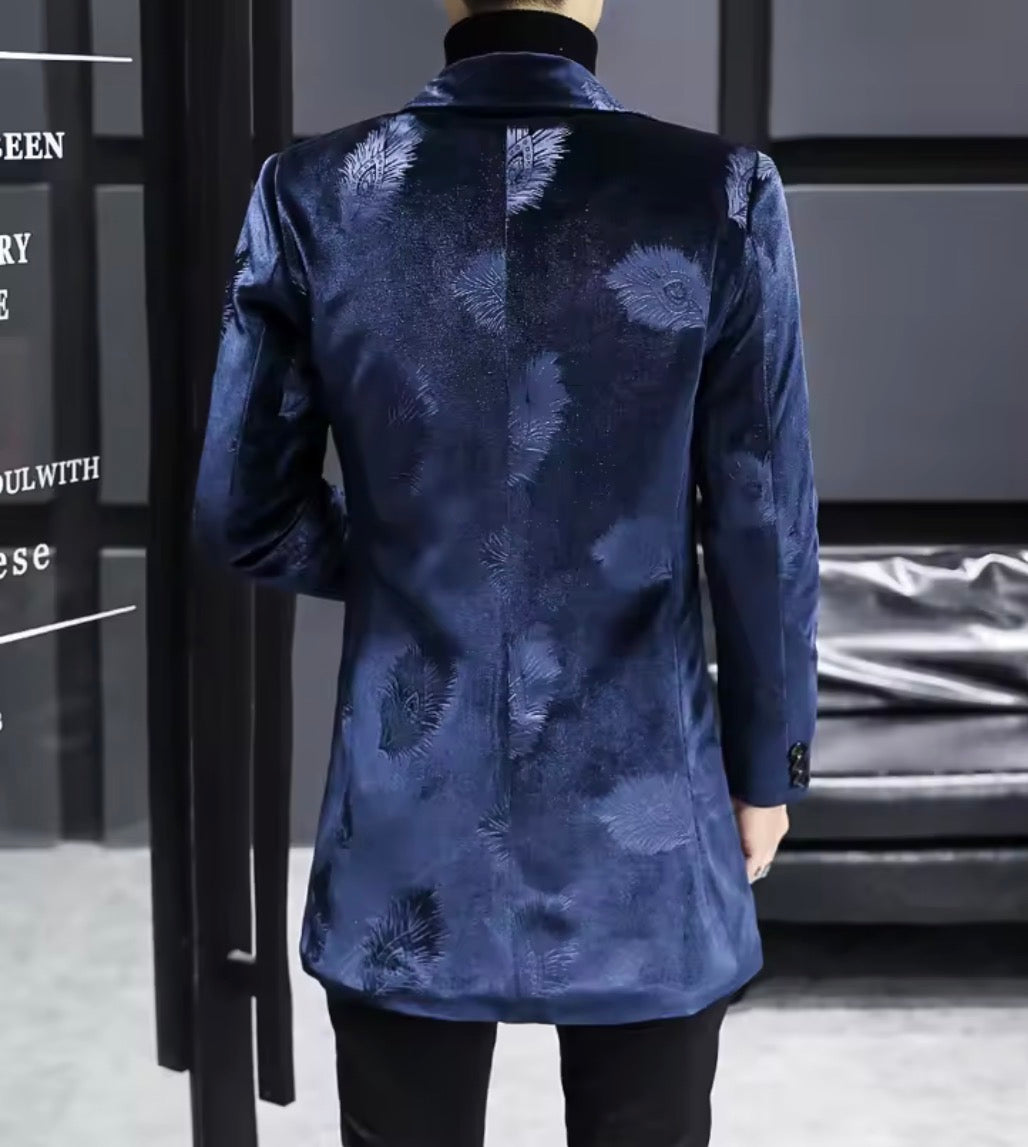 Men's Luxury Velvet Feather Embossed Longline Blazer | Slim Fit Mid-Length Tuxedo Jacket Coat in Black & Royal Blue