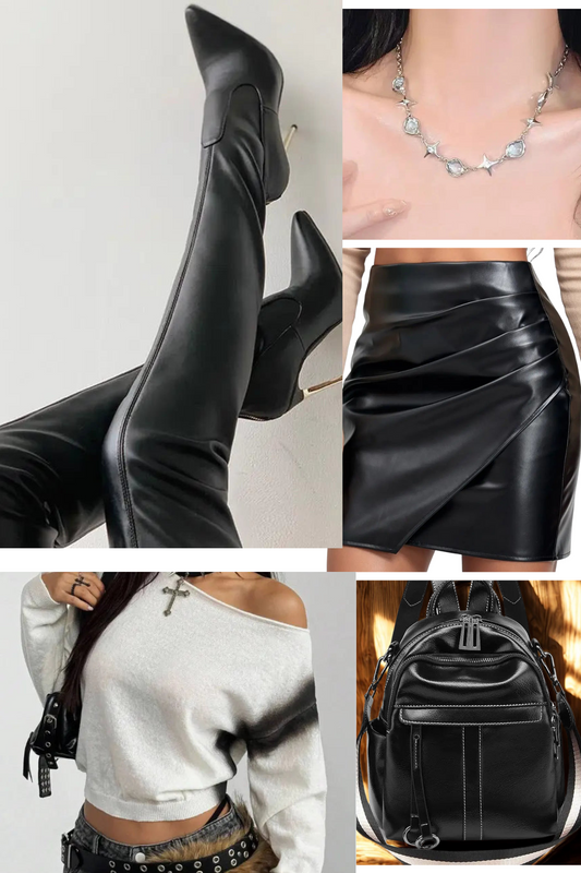 black skirt and over the knee boots