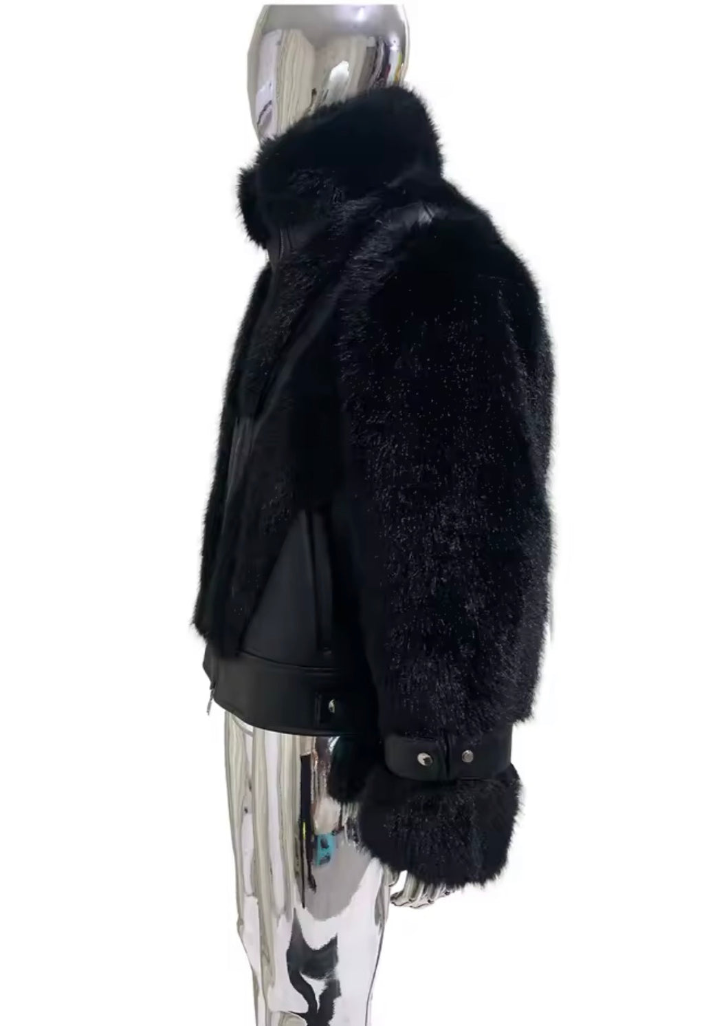 Men's Luxury Faux Fur & Leather Bomber Jacket – Winter Statement Outerwear with Stand Collar & Buckle Cuffs