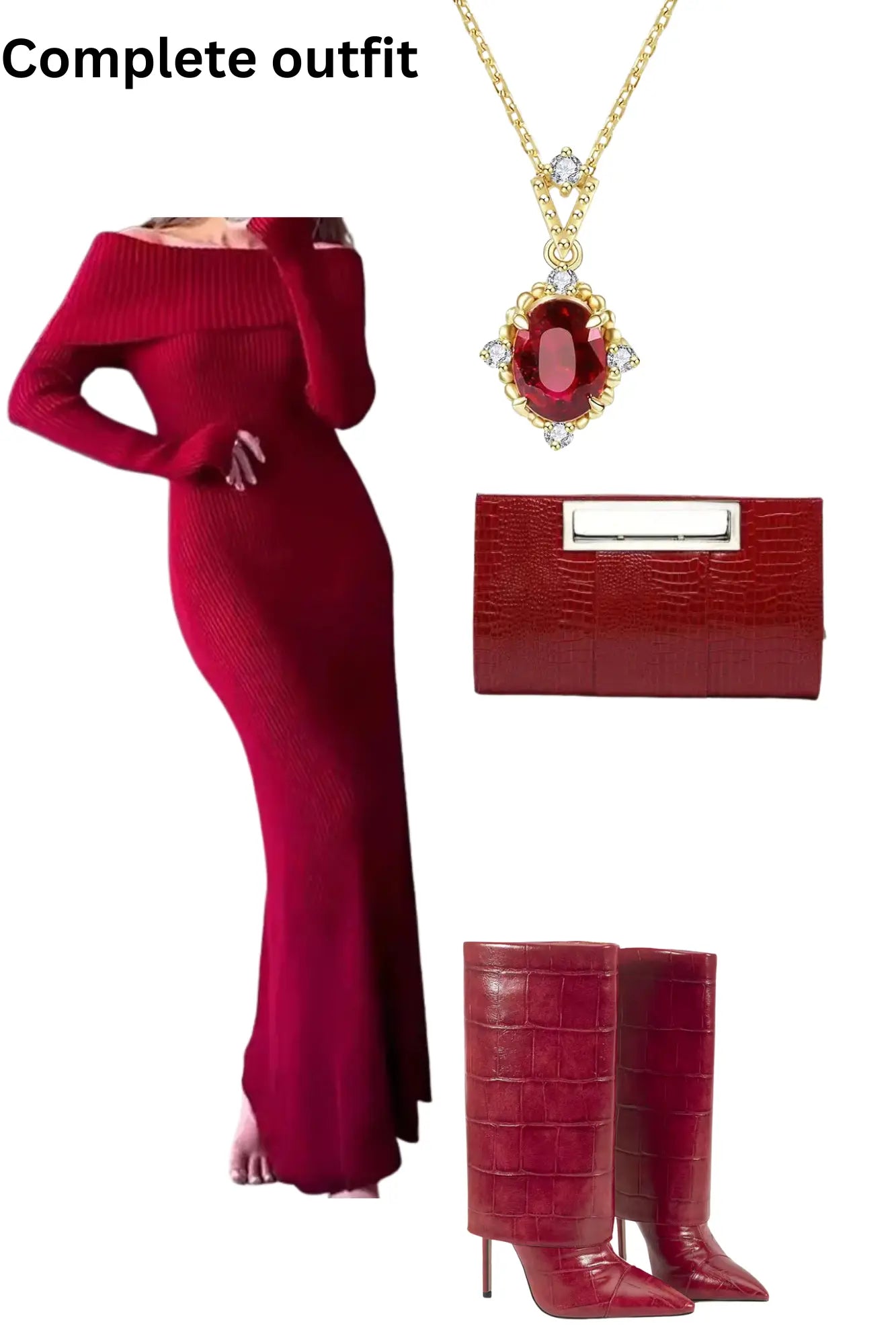Ultimate Red Luxe Night Out Ensemble - Off-Shoulder Knit Dress, Knee-High Crocodile Boots, Statement Necklace & Clutch