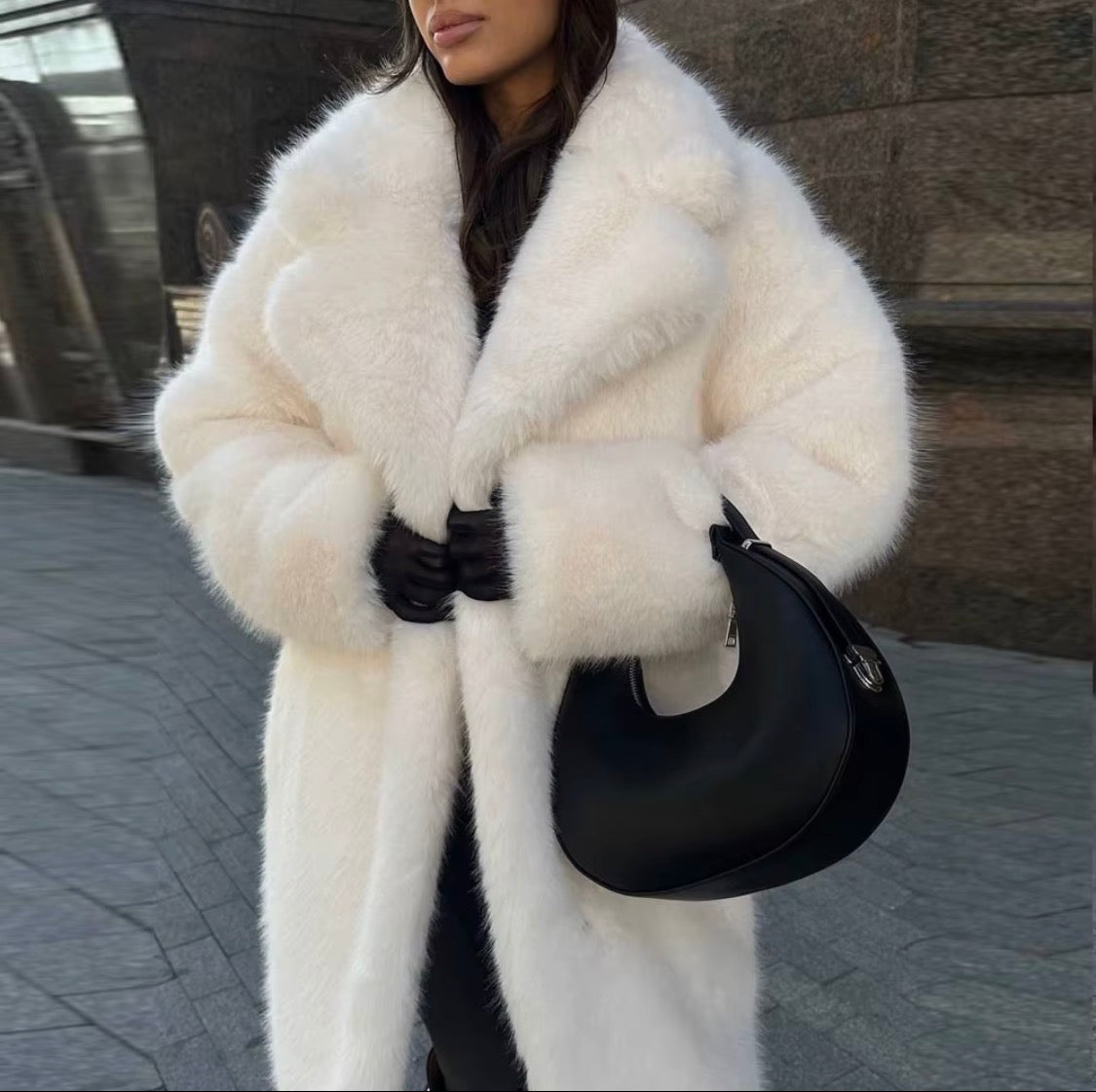 Luxury Women's White Faux Over Coat - Elegant Long Faux Fur Jacket with Oversized Collar for Winter