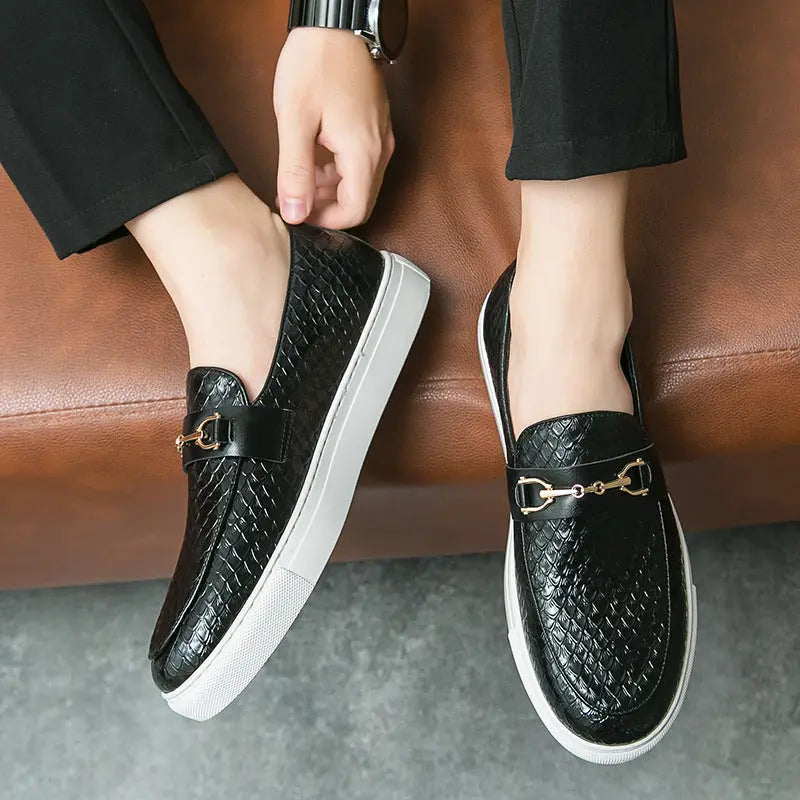Double Pin Buckle Loafers Business Casual British Leather Shoes Dropshipman