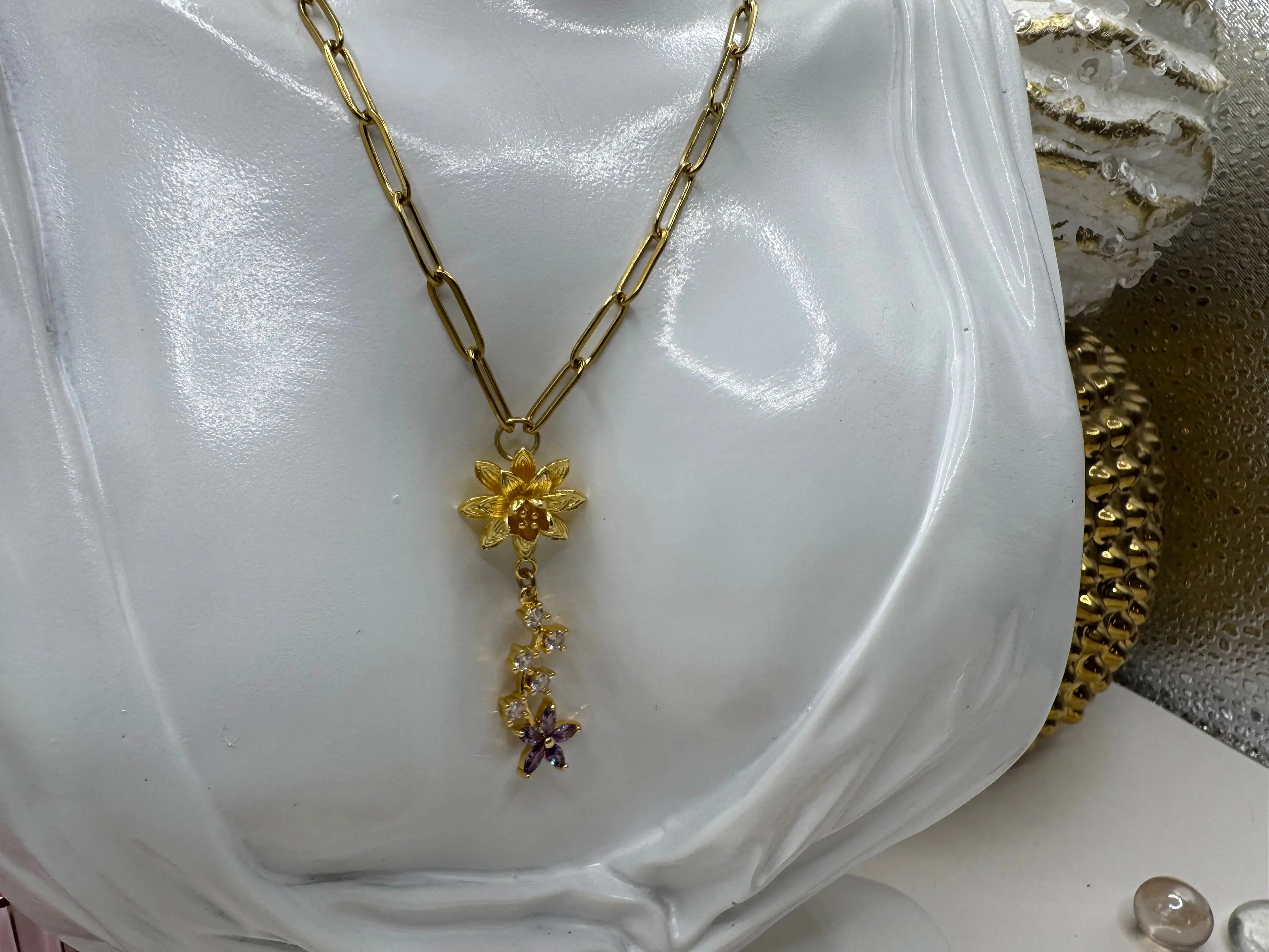 Lavender Bloom Drop – 18k Gold PVD Paperclip Chain Necklace with Floral Crystal Charms - JNi3 shop