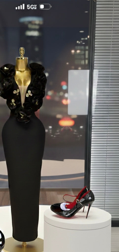 3D Rose V-Neck Bandage Dress & Earrings | Gala Outfit