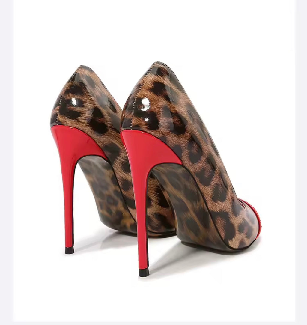 Leopard Print Stiletto Pumps | Red Pointed Toe & Gold Hardware Designer Heels