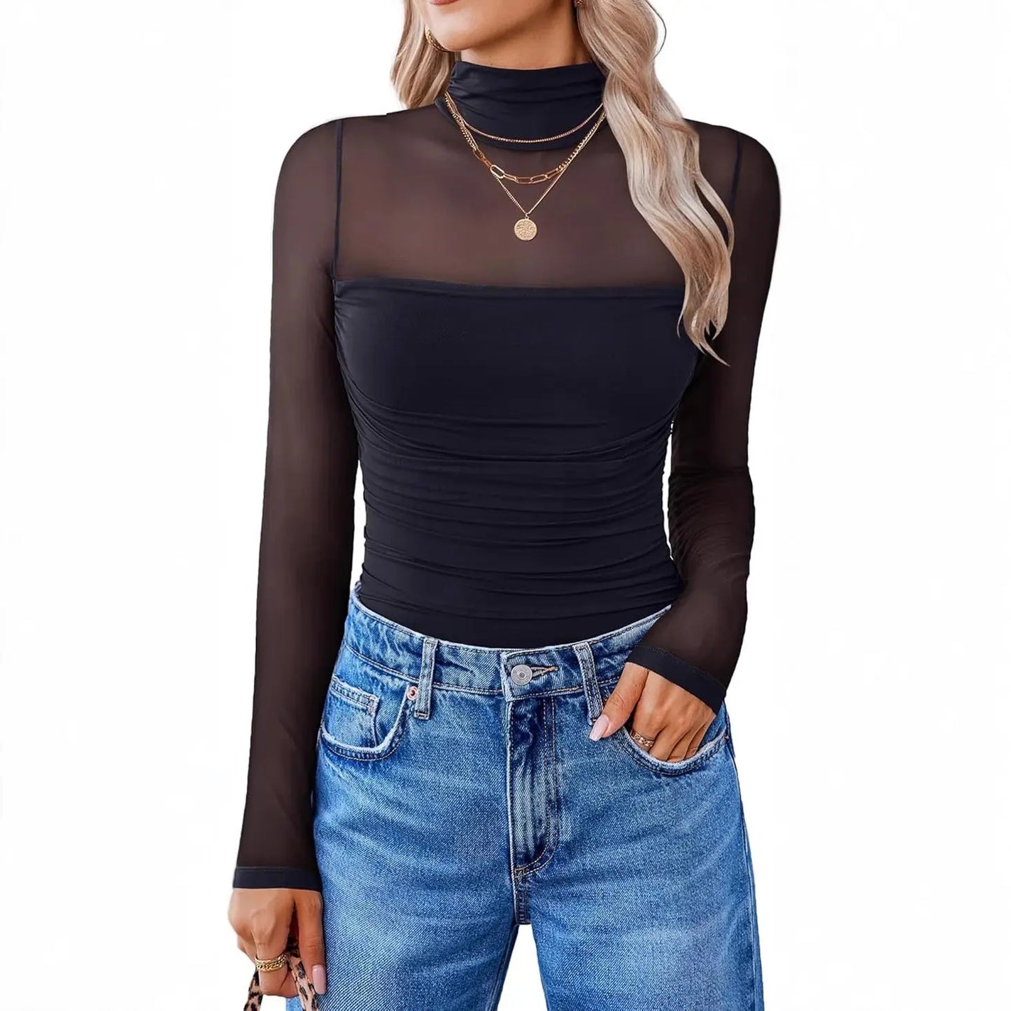 Round Neck Mesh Stitching Sheer Long Sleeve JNi3 shop