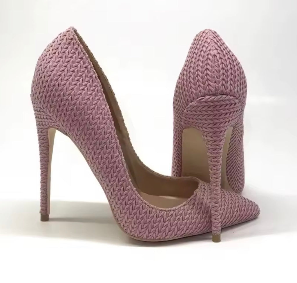 Pink Woven Fabric High Heels, Pointed Toe Stiletto Pumps, Textured Pink Dress Shoes, Chic Women's Party Heels, Elegant Spring Summer Shoes