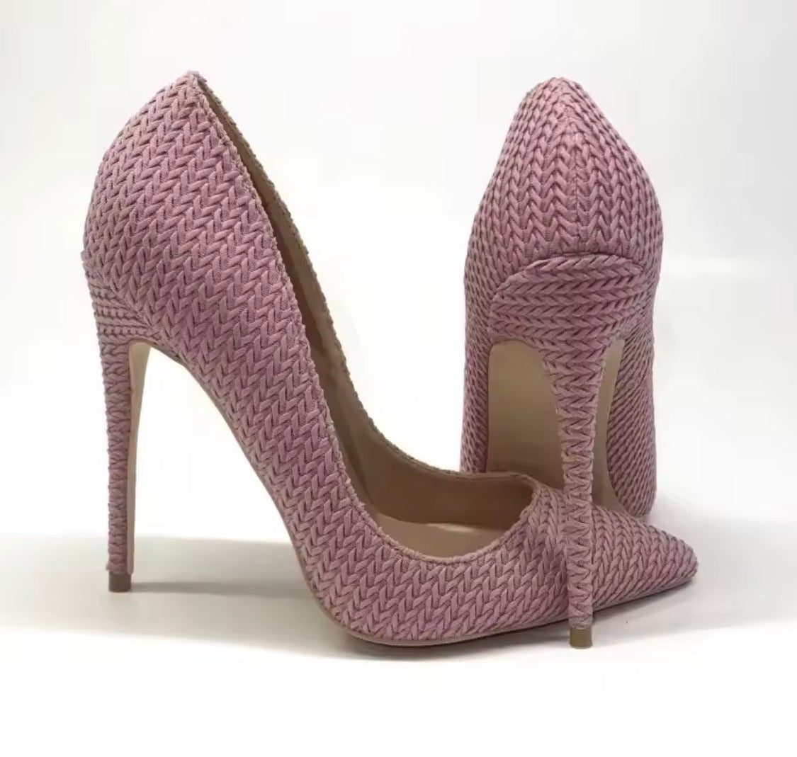 Pink Woven Fabric High Heels, Pointed Toe Stiletto Pumps, Textured Pink Dress Shoes, Chic Women's Party Heels, Elegant Spring Summer Shoes