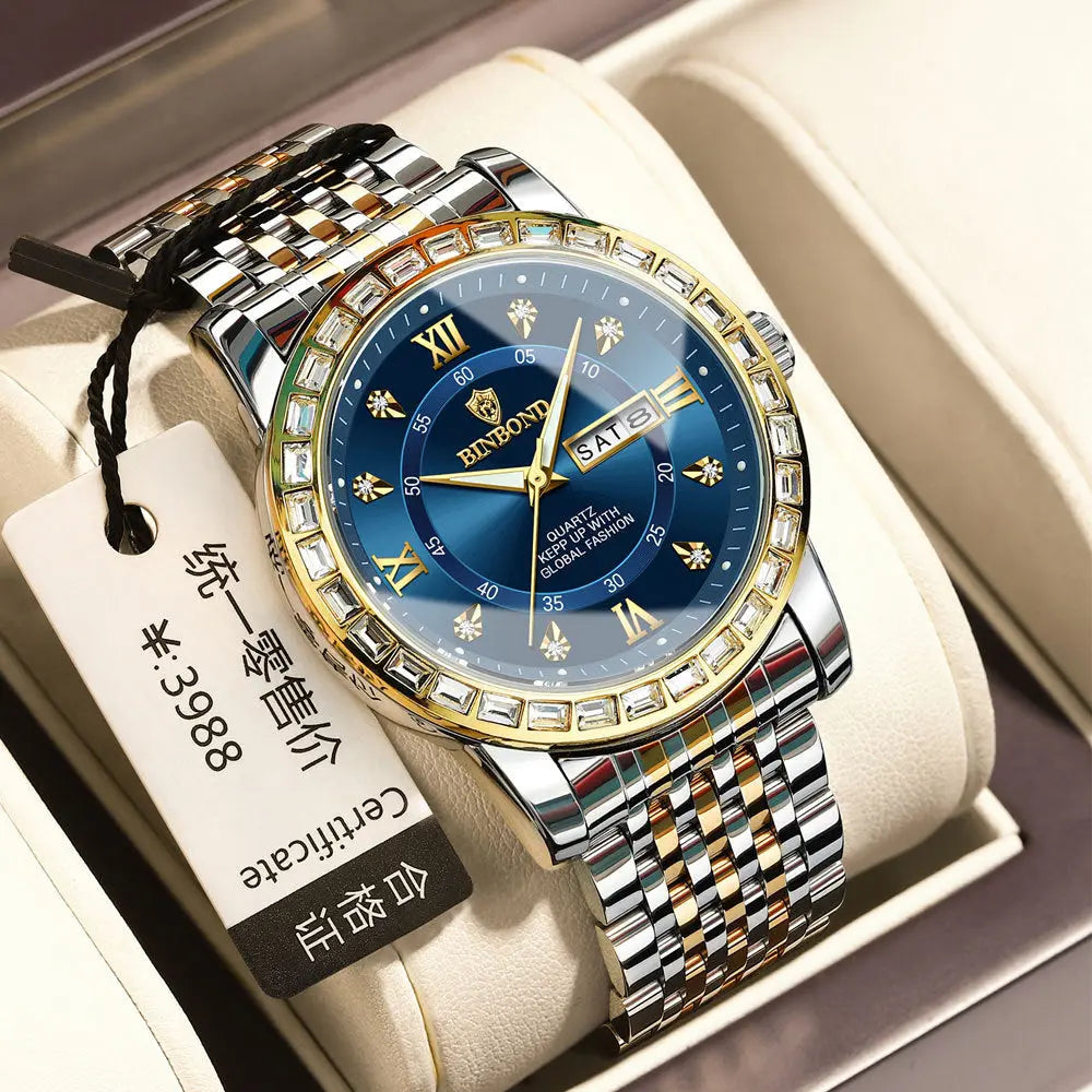 Business Diamond-embedded Mechanical Watch Double Calendar Waterproof Luminous Dropshipman