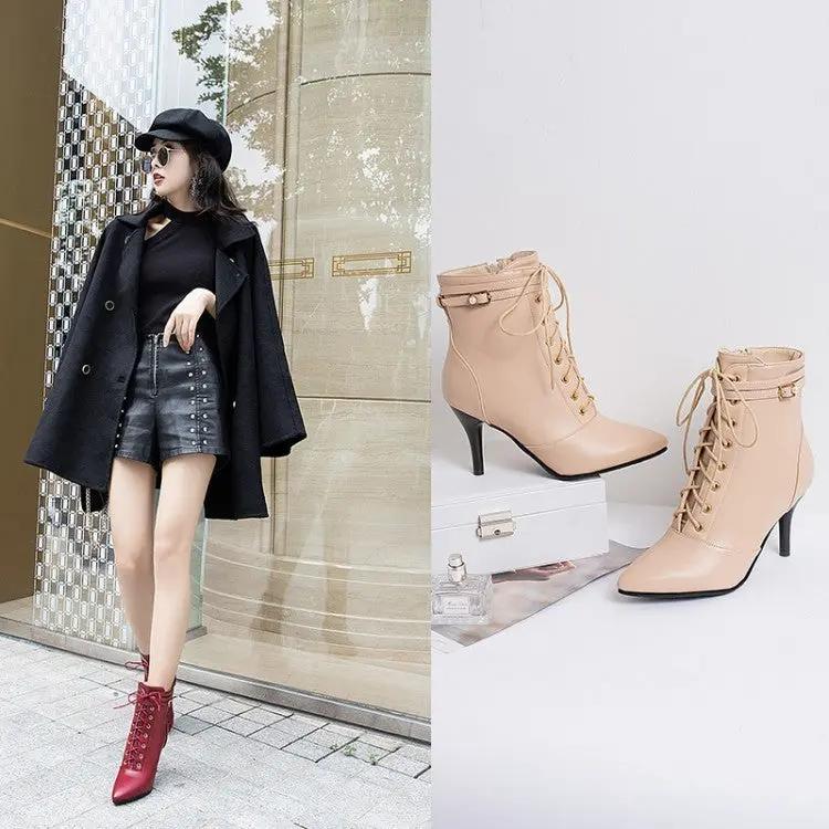 Lace-up belt buckle stiletto heel ankle boots Cjdropshipping