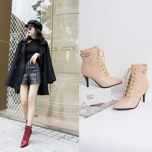 Lace-up belt buckle stiletto heel ankle boots Cjdropshipping